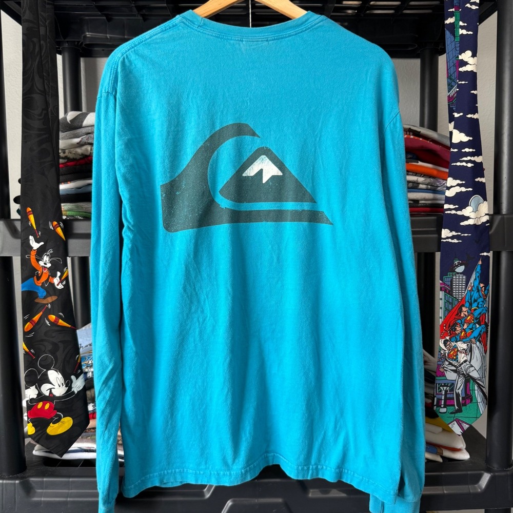 Y2K Blue Quiksilver Big Logo Graphic Long Sleeve Tee Large Light Marks